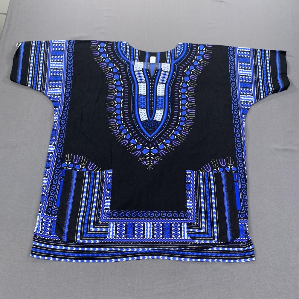 Dashiki Shirt Mens‎ Standard Size Black Blue Tribal Pattern Pockets 100% Cotton